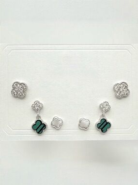 Malachite & Zirconia w/ Silver Clover Earrings Set 6 Pc Silver Plated